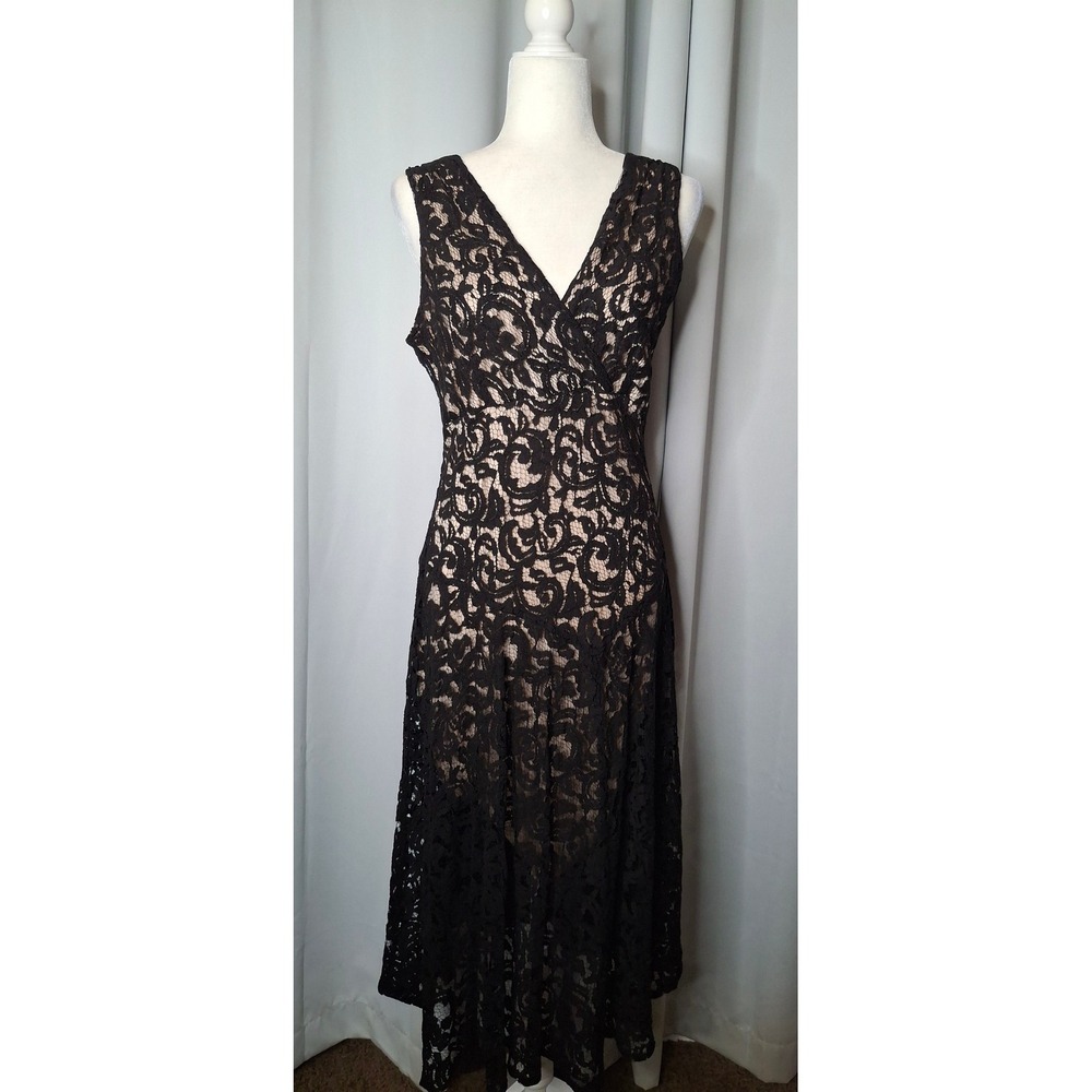 K Studio Collection Black Lace Surplice V-Neck Midi Dress Nude Lining Size 12 - Picture 7 of 16